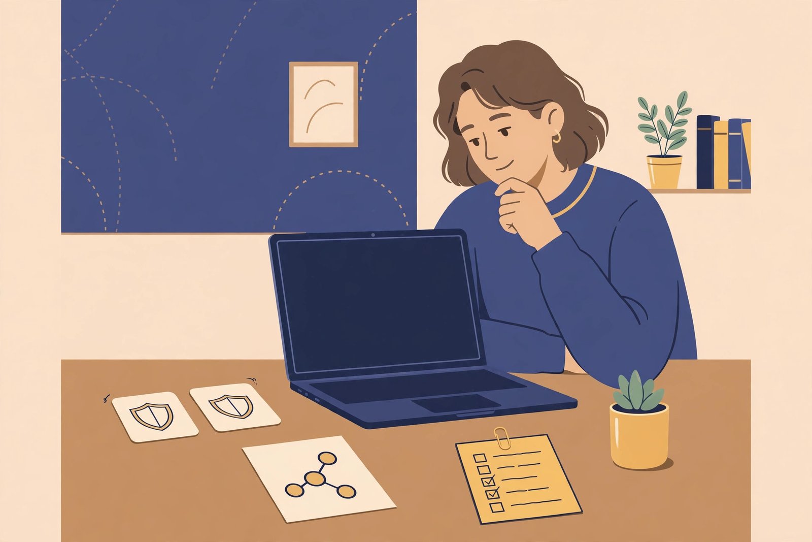 Person at a desk choosing between a VPN and a proxy, with a simple checklist and shield symbol nearby