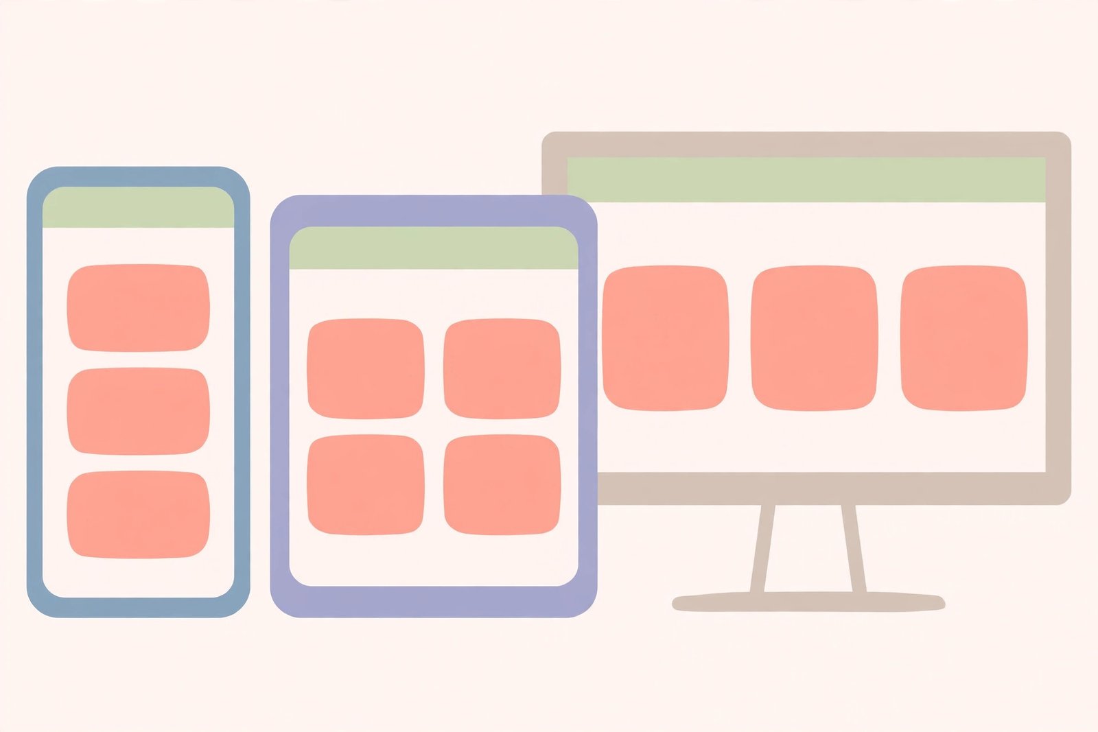 Responsive CSS design adapting one website layout across phone, tablet, and desktop screens