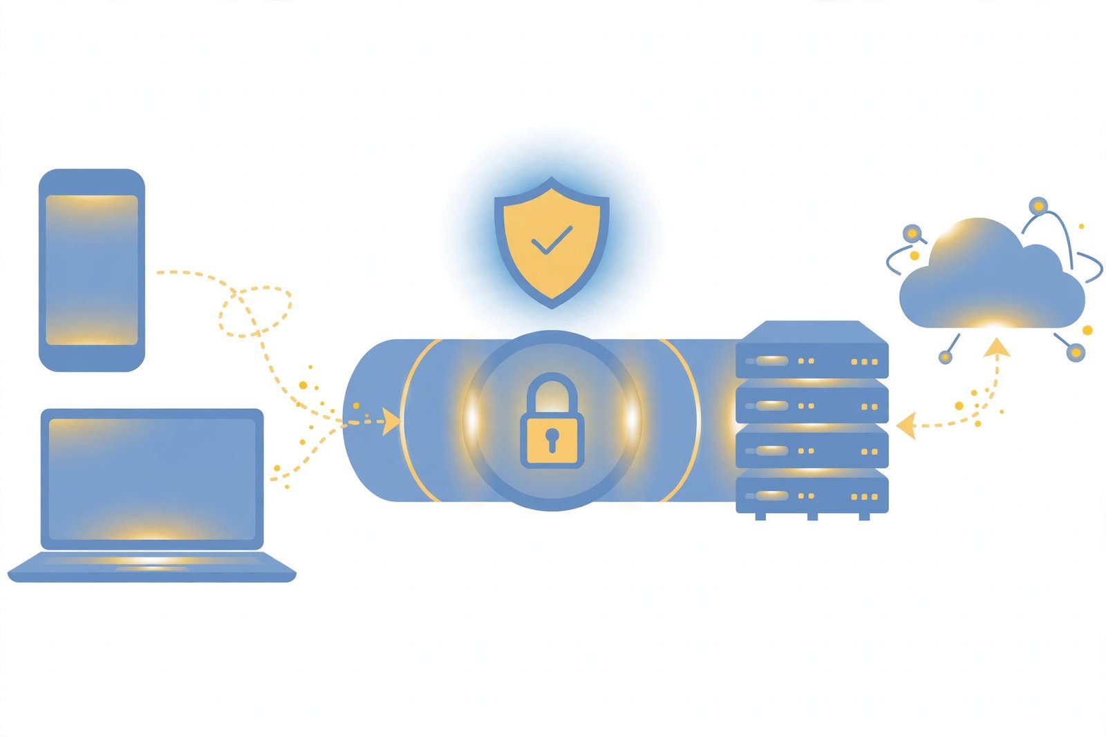 Diagram-style illustration of a VPN encrypting all traffic from a device before it reaches the internet