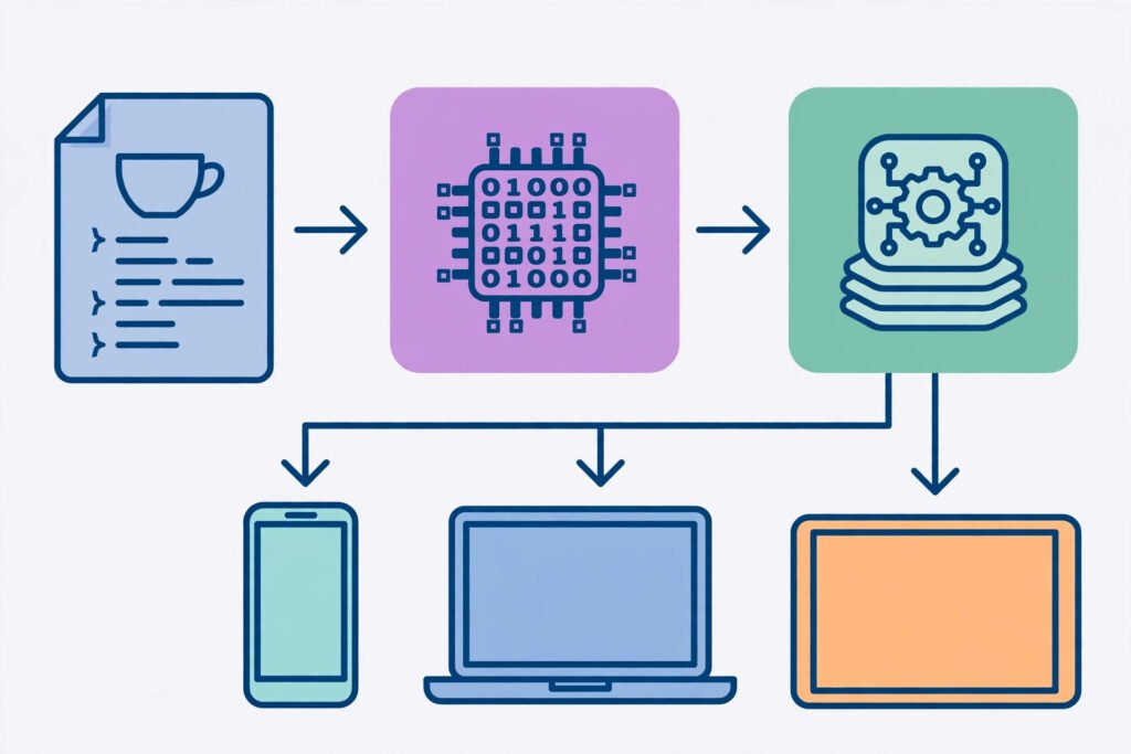 Diagram showing Java source code compiled to bytecode and run by the JVM