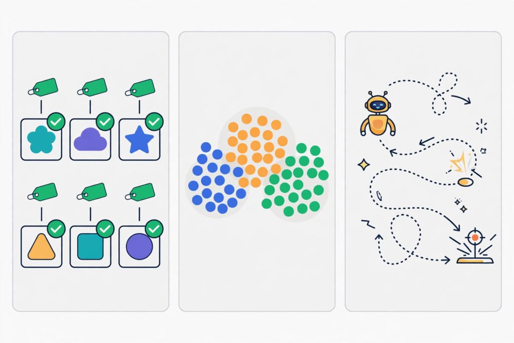 Comparison of supervised, unsupervised and reinforcement learning approaches