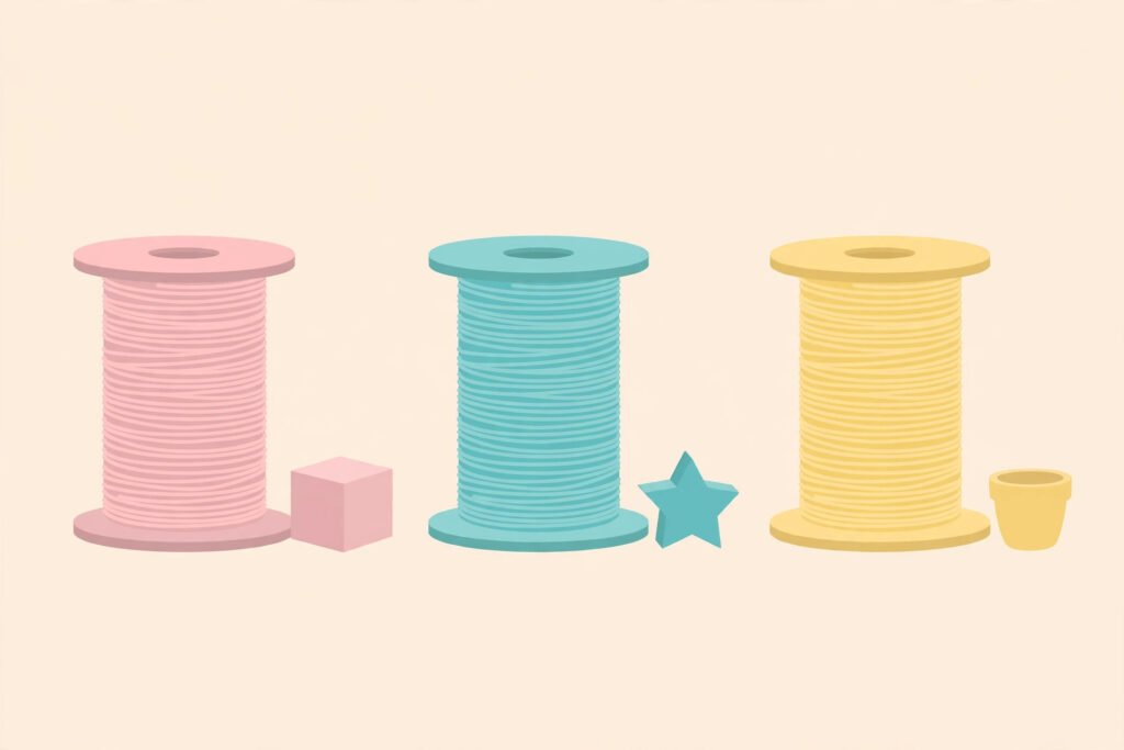 PLA, PETG, and ABS filament spools side by side