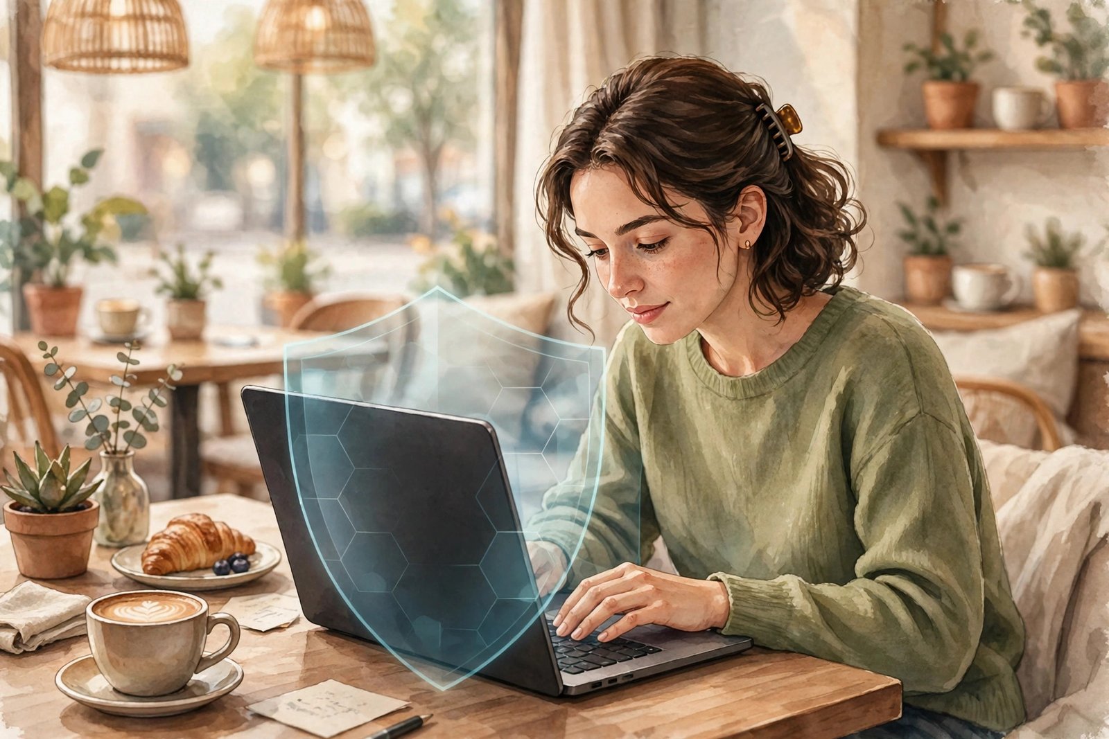 Person using a laptop safely on public Wi-Fi with VPN protection