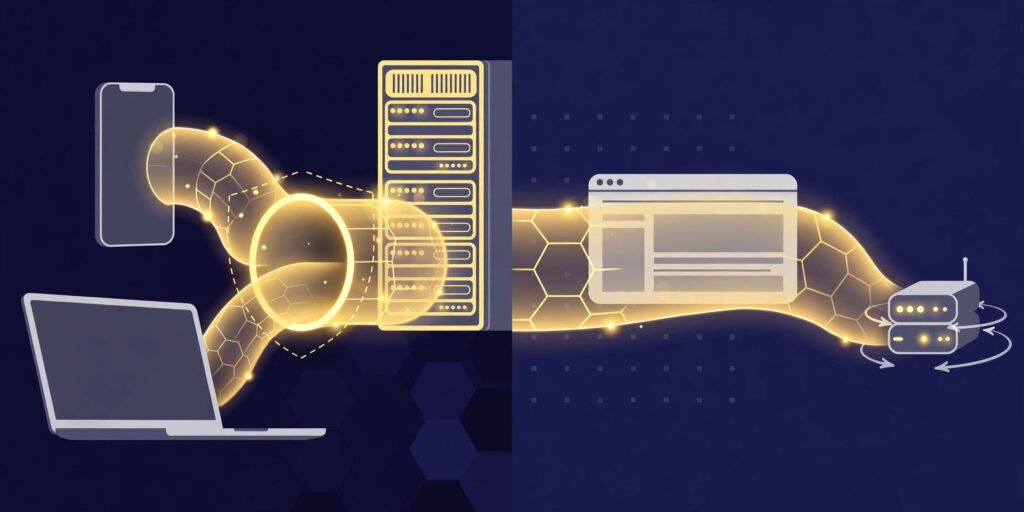 VPN vs proxy comparison showing how a VPN encrypts device traffic while a proxy reroutes browser traffic