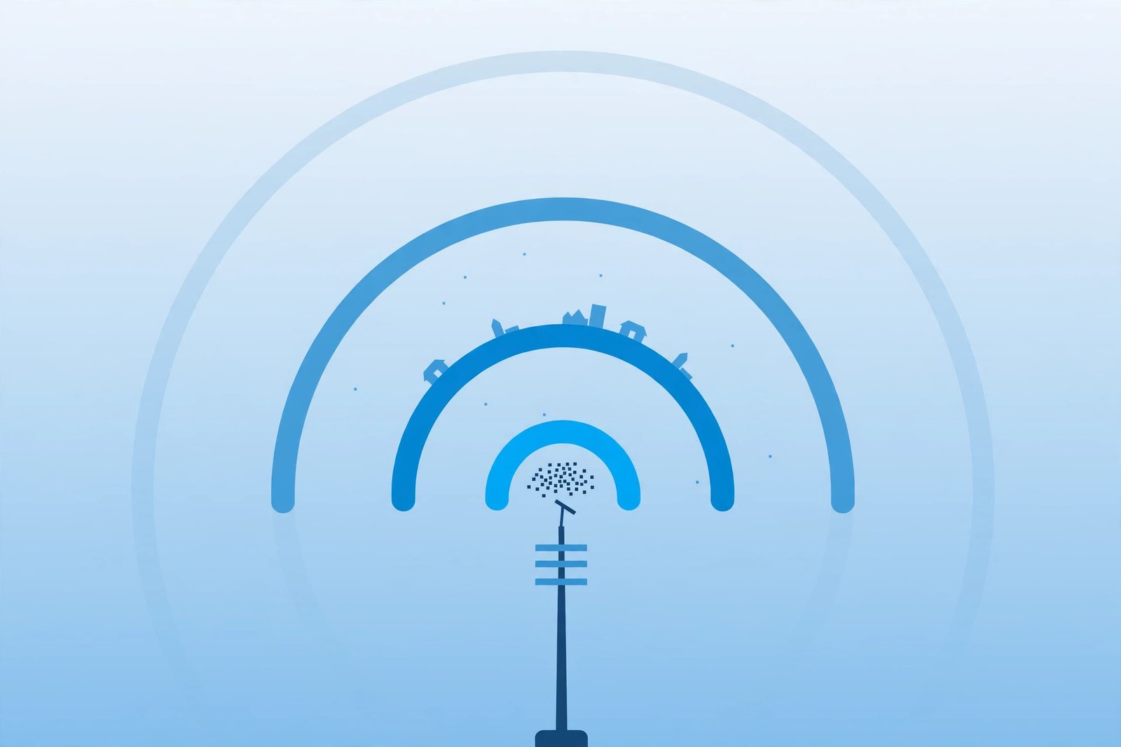 Diagram-style illustration of low, mid and high band 5G coverage reaching different distances
