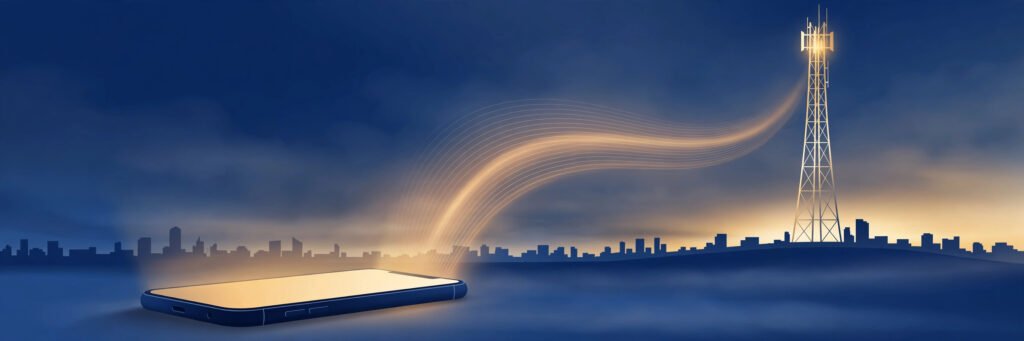 What is 5G explained with a phone connecting to a mobile network mast over a city skyline
