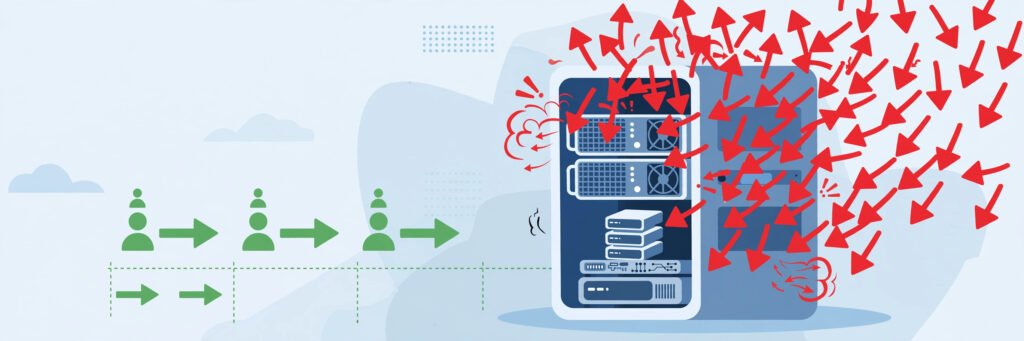 Illustration of a website server overwhelmed by a flood of malicious traffic during a DDoS attack