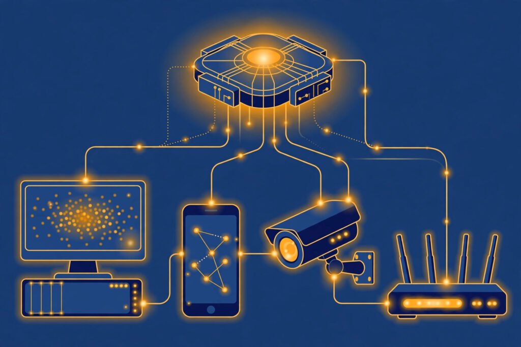 Illustration of infected computers and smart devices forming a botnet used in a DDoS attack