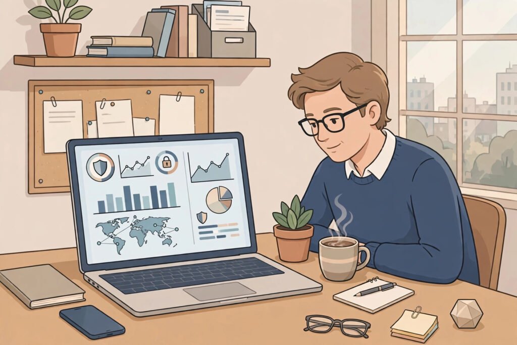 Website owner reviewing DDoS protection settings and a traffic monitoring dashboard