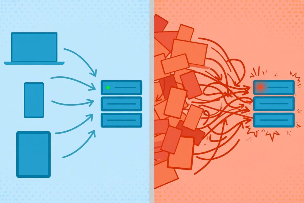 Diagram showing normal user traffic compared with a flood of junk traffic hitting a server