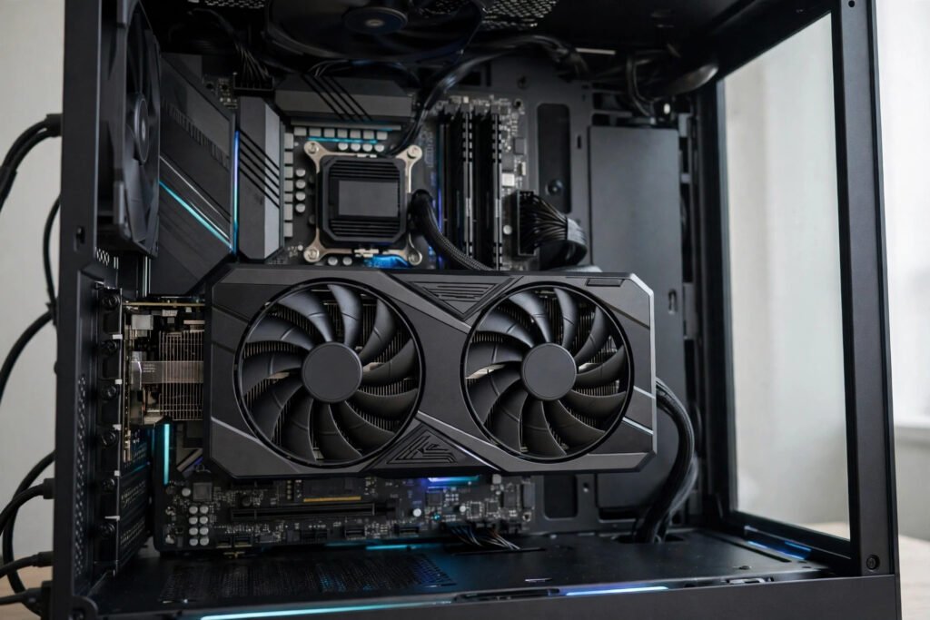 A modern graphics card with dual cooling fans inside a desktop PC case