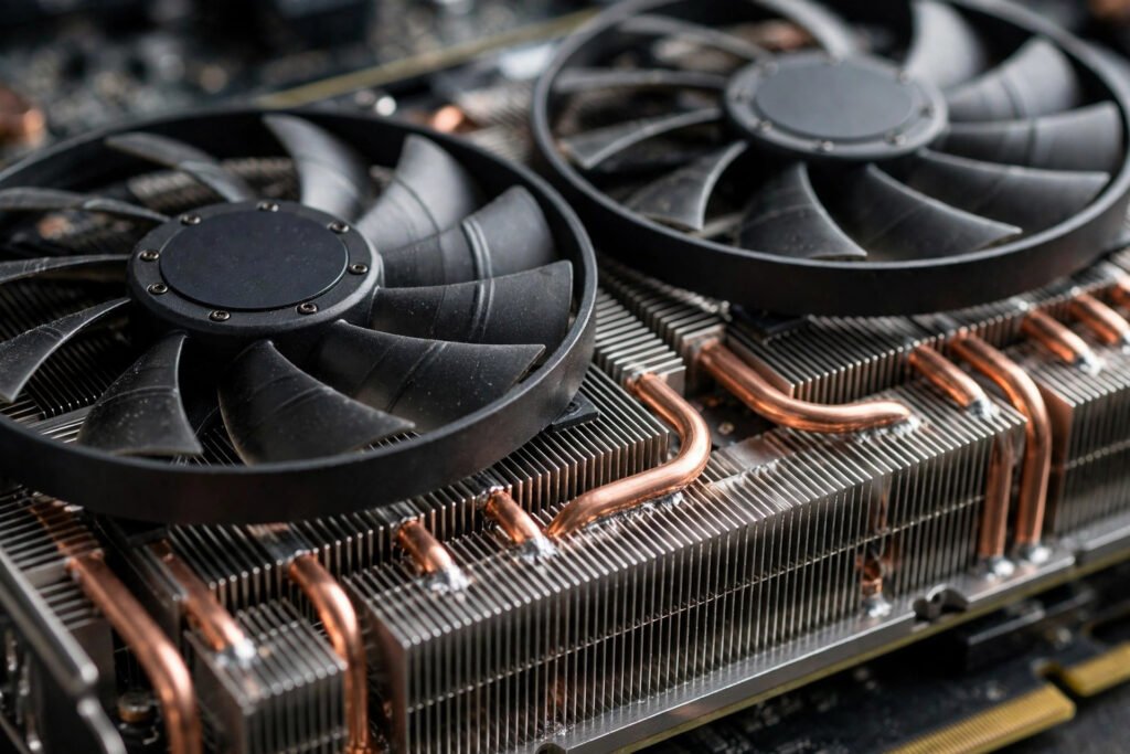 Close-up of graphics card cooling fans and heatsink fins