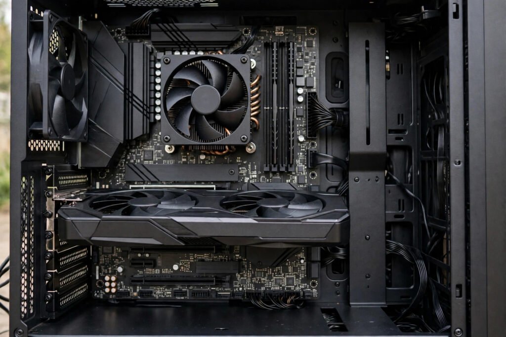 Graphics card installed in a PCIe slot on a motherboard inside a PC