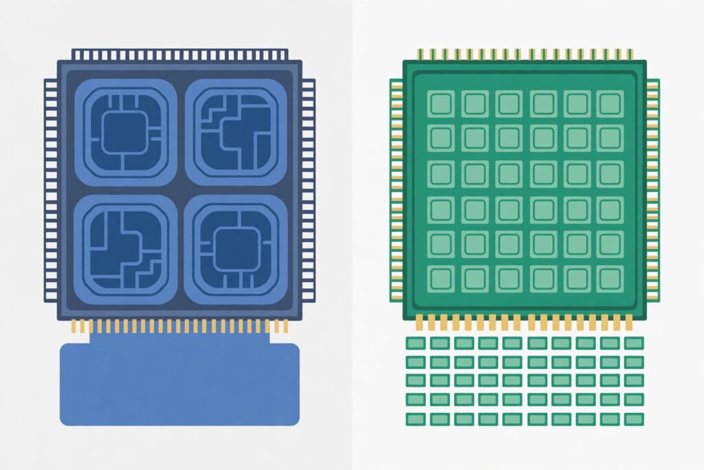 Diagram comparing a CPU with a few powerful cores to a GPU with many smaller cores