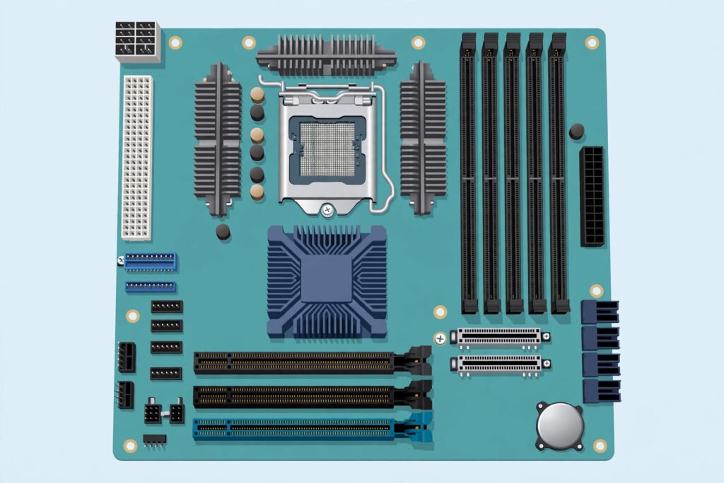 Labelled view of motherboard parts including chipset, RAM slots, and PCIe slots