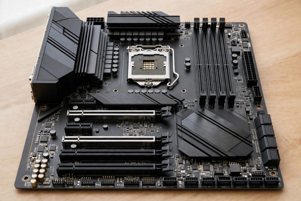 A modern ATX motherboard with CPU socket, RAM slots, and expansion slots on a desk