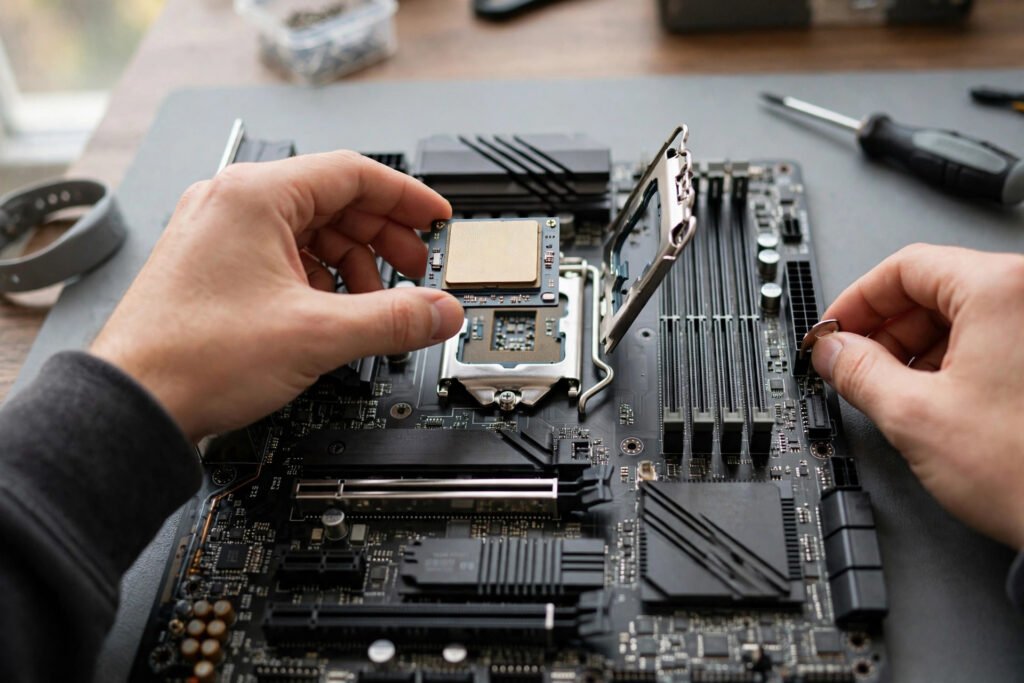 Hands installing a CPU into the socket of a motherboard during a PC build