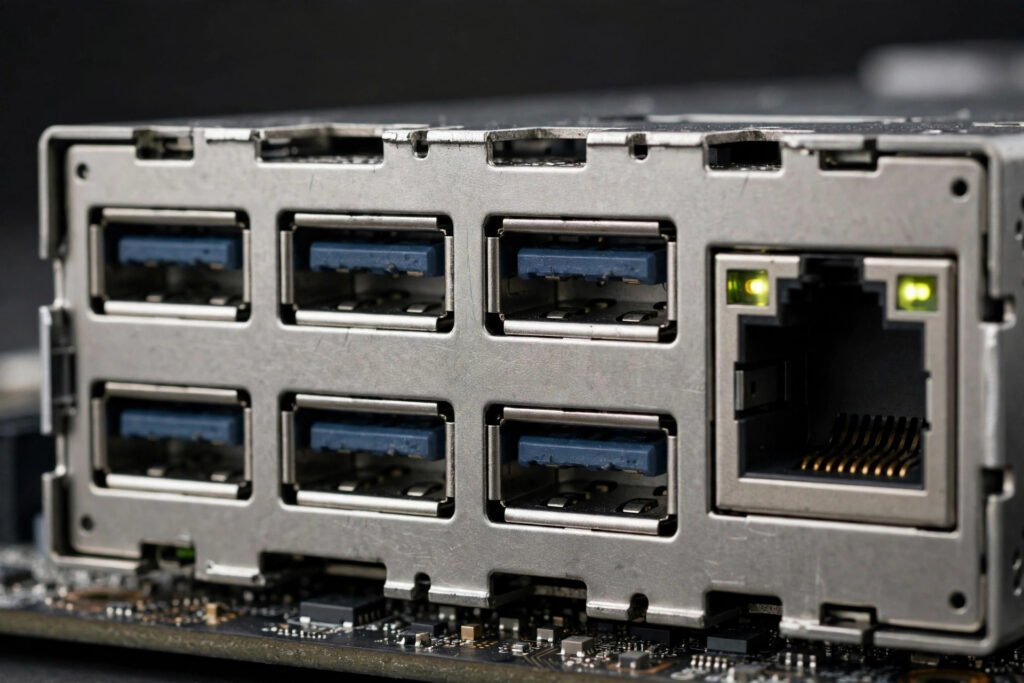 Close-up of the rear input-output panel of a motherboard with USB and Ethernet ports