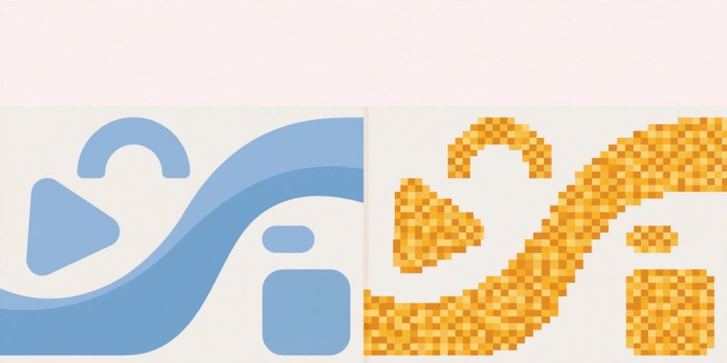 Vector vs raster — smooth scalable shapes versus a grid of pixels