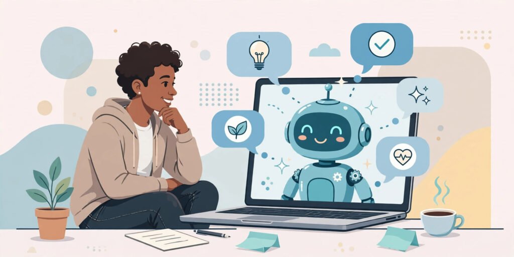 Person chatting with an AI assistant on a laptop screen showing a helpful ChatGPT-style conversation