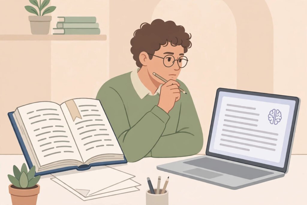 Person checking AI-generated text against a reliable source before using it