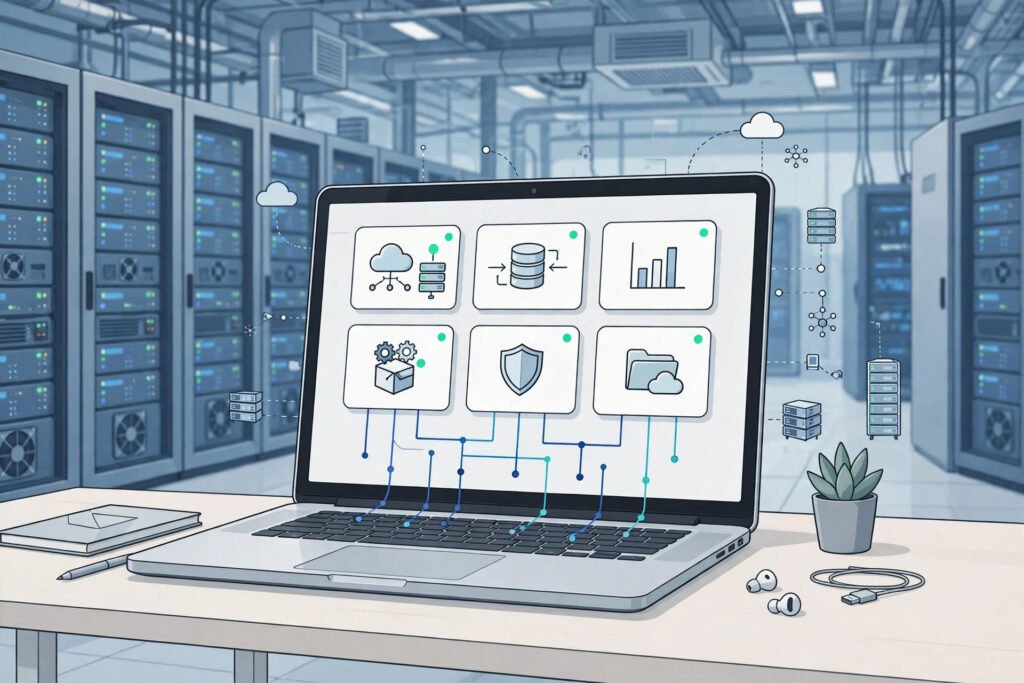 A laptop showing apps running from remote servers in a data centre