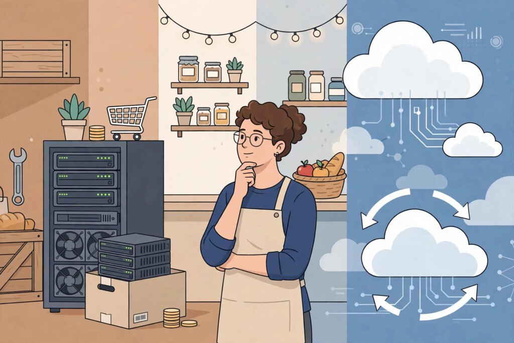 A small shop owner choosing between buying a server and renting computing power