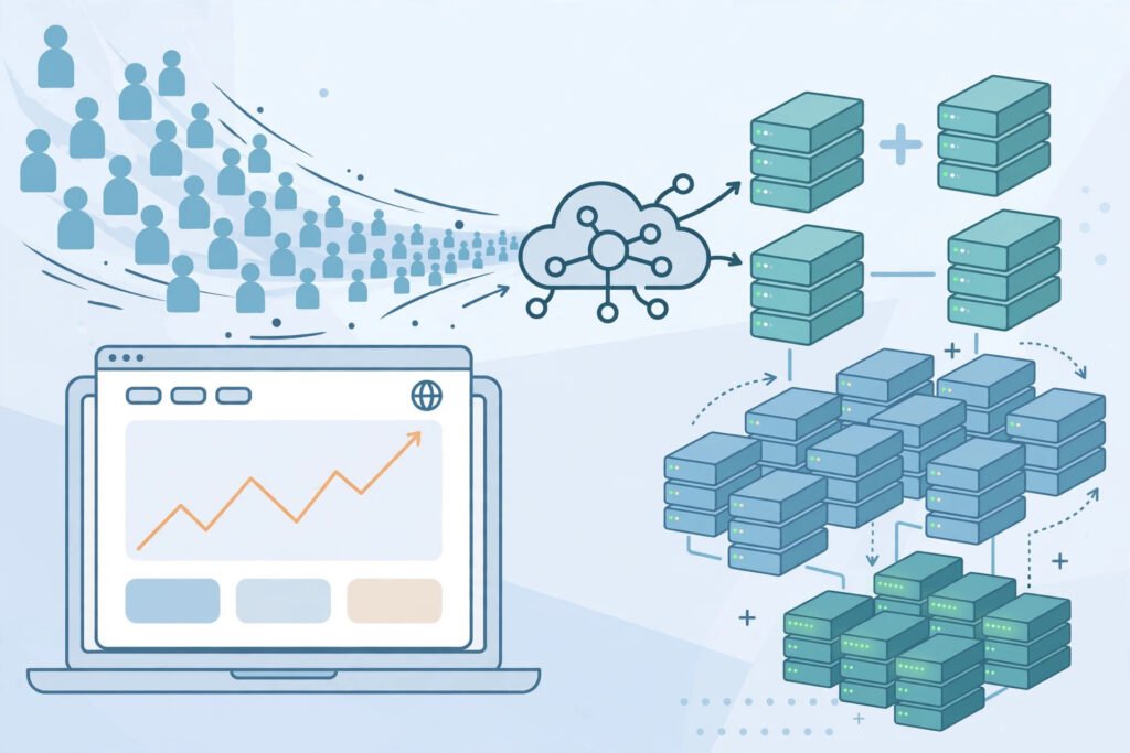 A website handling a sudden surge of visitors by adding extra servers