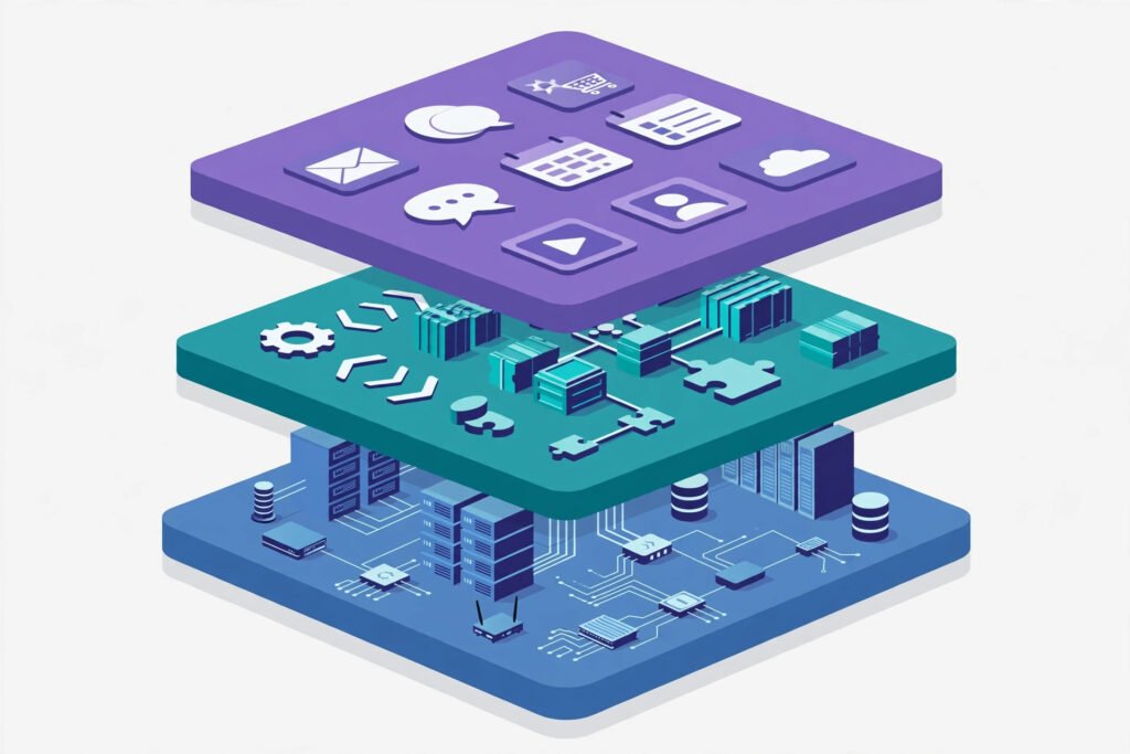 Illustration of IaaS, PaaS and SaaS as three stacked layers