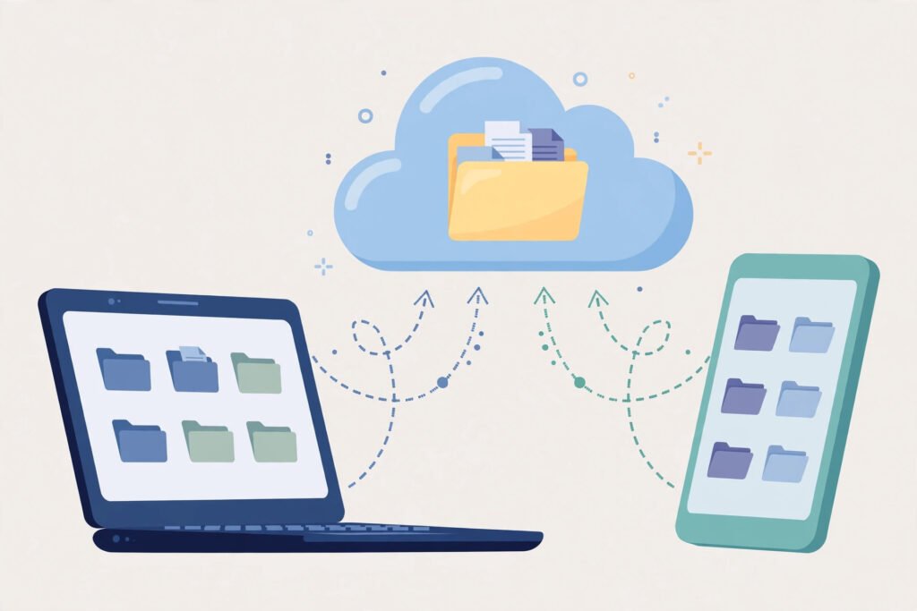A laptop and phone syncing files to a cloud storage folder