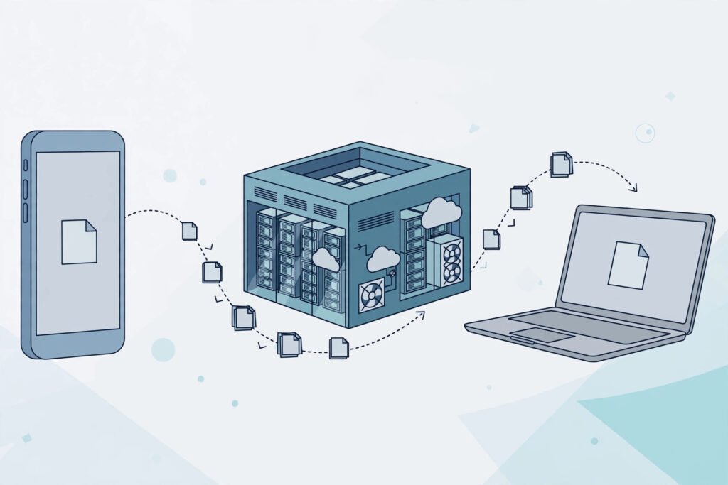 Diagram-style illustration of a file travelling from a phone to a data centre and back to a laptop