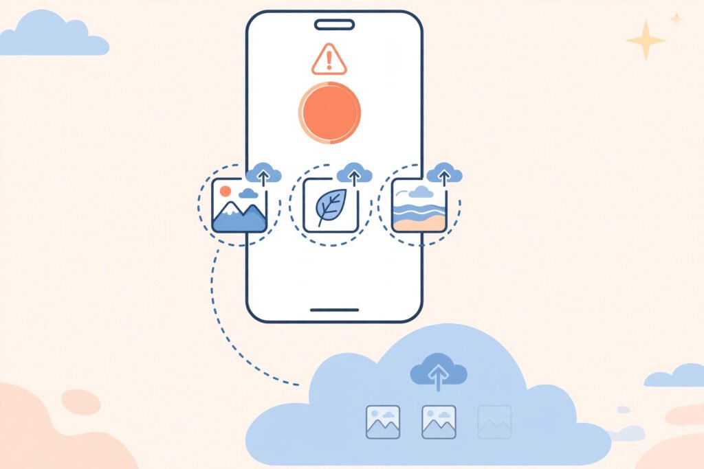 A phone showing a storage-full warning before uploading photos to the cloud
