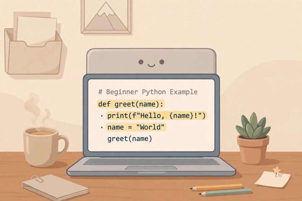 Beginner-friendly guide explaining what is Python with simple code on a laptop screen